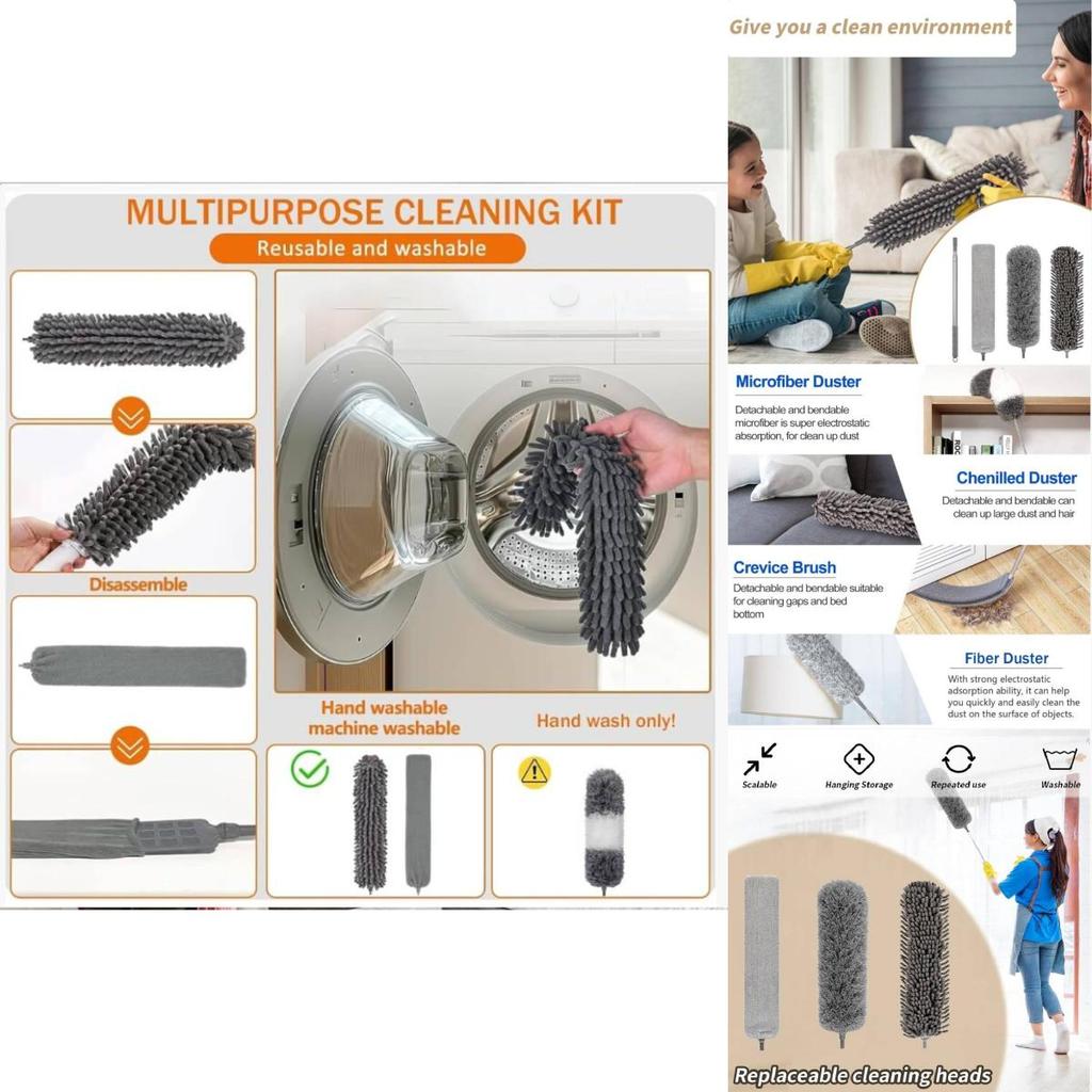 Fiber Material Telescopic Duster With Flat Head For Furniture And Ceiling Dusting