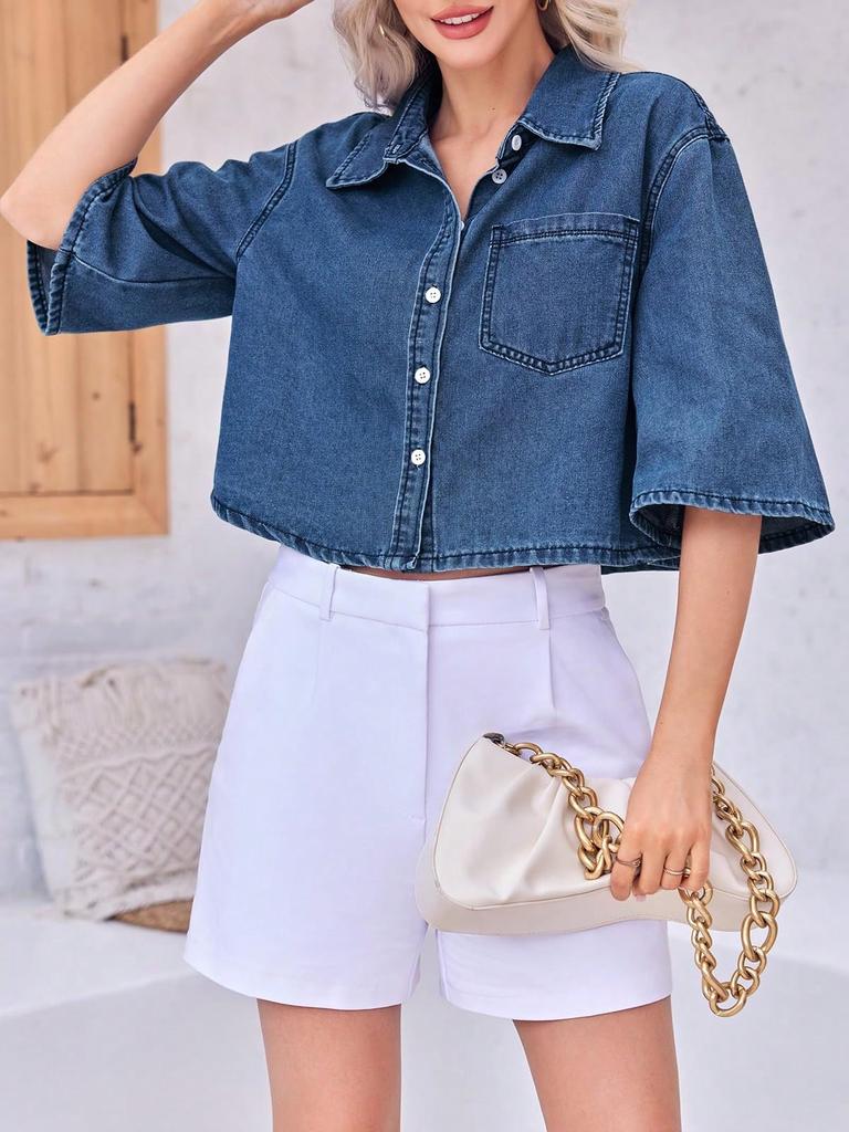 Womens Cropped Denim Shirt Jacket Half Sleeve Button Down Jean Jacket