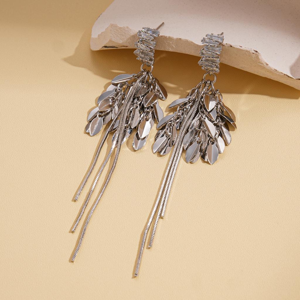 Vintage zircon leaf fringed silver needle earrings niche earrings