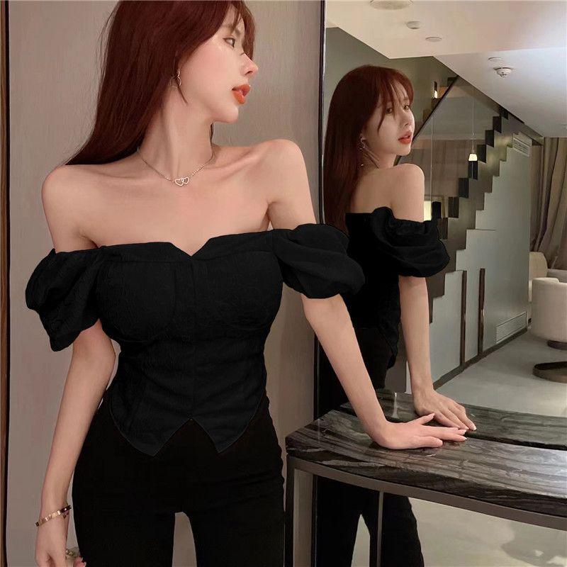 Retro White Square Neck Bubble Sleeve Irregular Short Shirt Women's Summer Unique Top