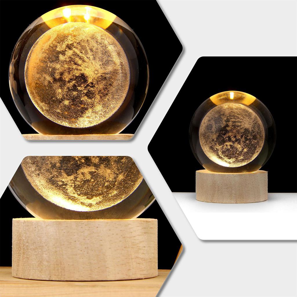 3D Crystal Ball with Warm Light Wooden Base Small Night Light Desktop Decoration Ornaments Holiday