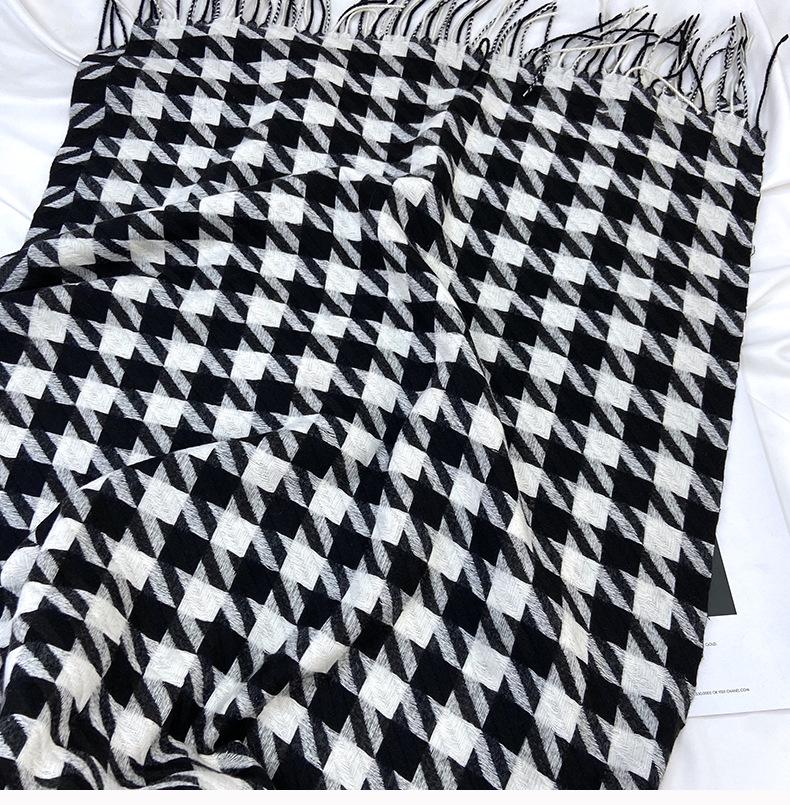 Women's Medium-Length Houndstooth Scarf - Warm, Sweet Style, Imitation Cashmere, Tassel Snood, Thick Shawl