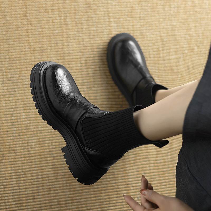 Krazing Pot Microfiber Autumn Winter Shoes Thick High Heels Flat Platform Size 43 Motorcycle Boots Knitwear Ankle Boots