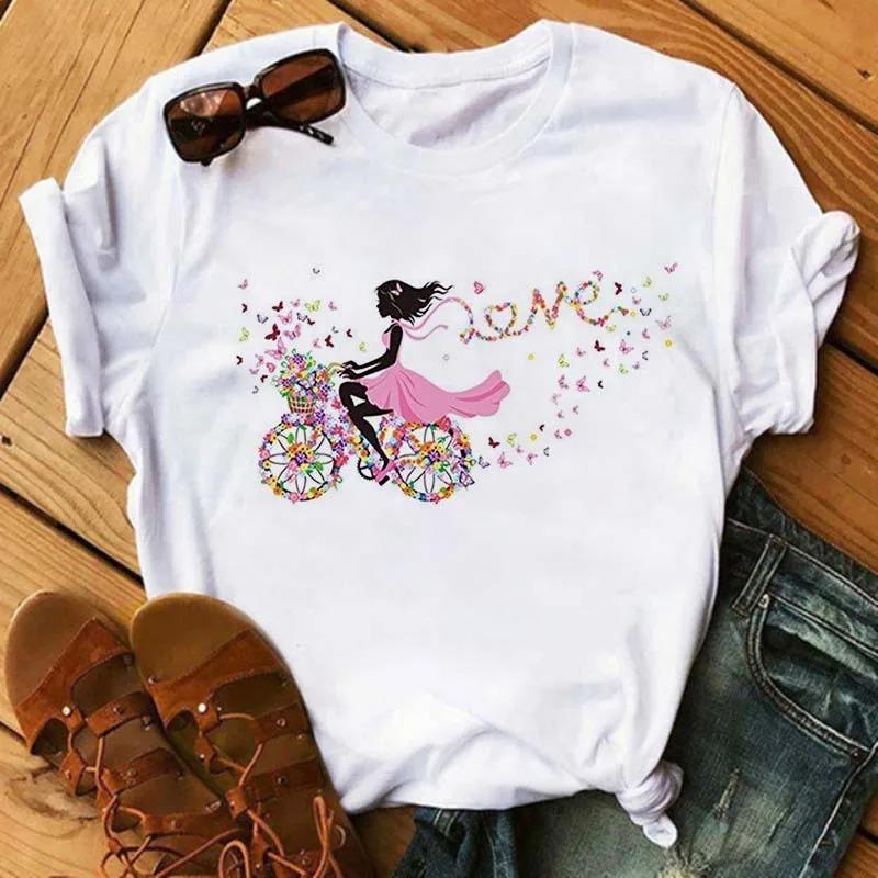 Bicycle Flower Print Tshirt Short Sleeve Round Neck Womens Dress Tops Graphic T Shirts Aesthetic Aesthetic Clothes Kawaii