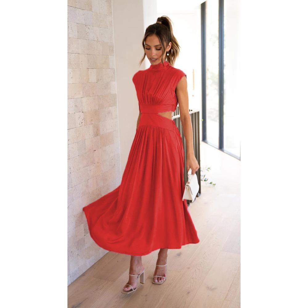 Women's High Neck Sleeveless Midi Dress Loose Cutout Waist Pleated Elegant Casual Solid Color Party Dress