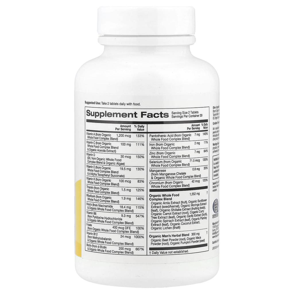 Organic Natural Food Multivitamin for Men Over 40, Contains Organic Amla Extract, Organic Sunflower Extract, Organic Moringa Extract, 60 Tablets