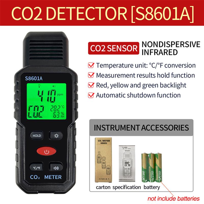 Portable Handheld CO2 Detector 400-5000ppm Carbon Dioxide Meter Air Quality Monitor Temperature Humidity Sensor with Alarm Digital Display for Home