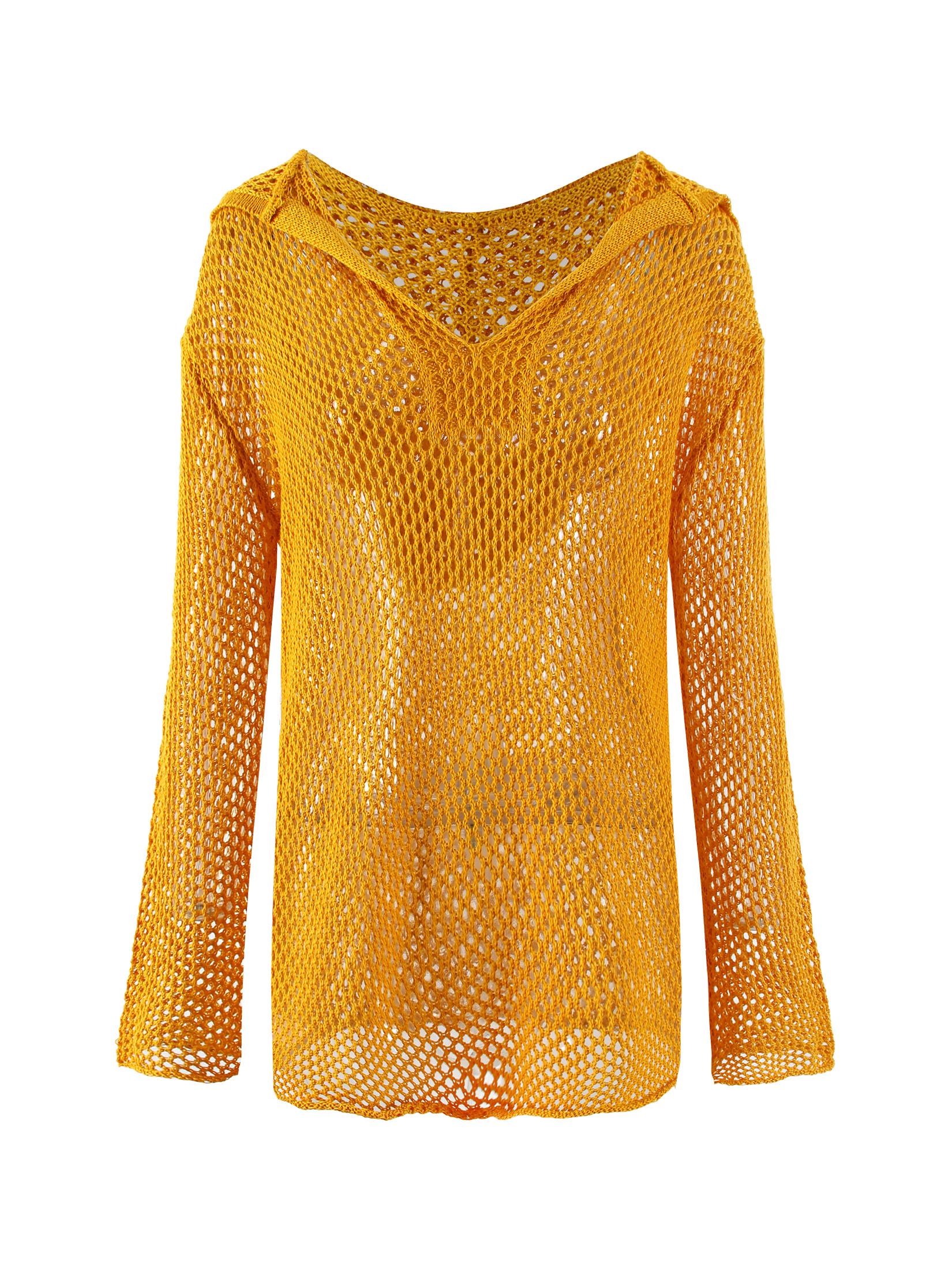 

Sexy V Neck Hollow Out Hooded Long Sleeve Beach Knit Mini Dress For Women 2024 Casual Beachwear Tunic Vacation Dresses K4 L помаранчевий
