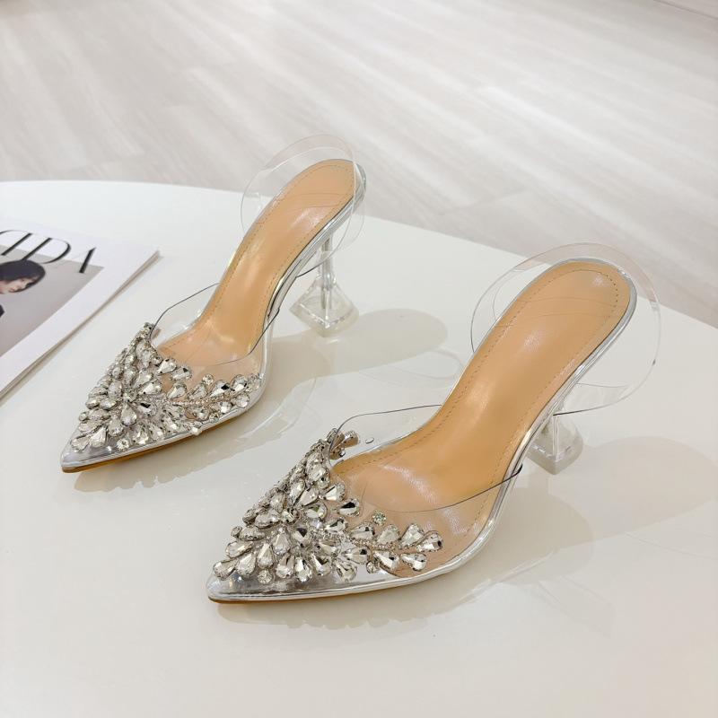 Fashion Elegant Pointed Toe Slingback Stiletto Sandals Crystal Diamonds Women Pumps High Heels Wedding Prom Shoes Zapatos Mujer