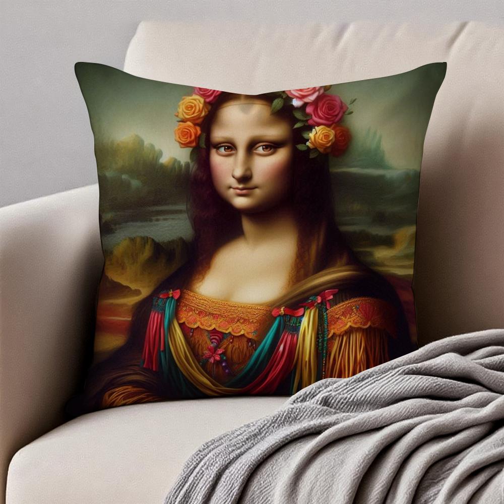 Creative Abstract Funny Art M-Mona Lisa Cushion Cover Pillowcase Anti-Dustmite Invisible Zipper Short Plush Sofa Cushion