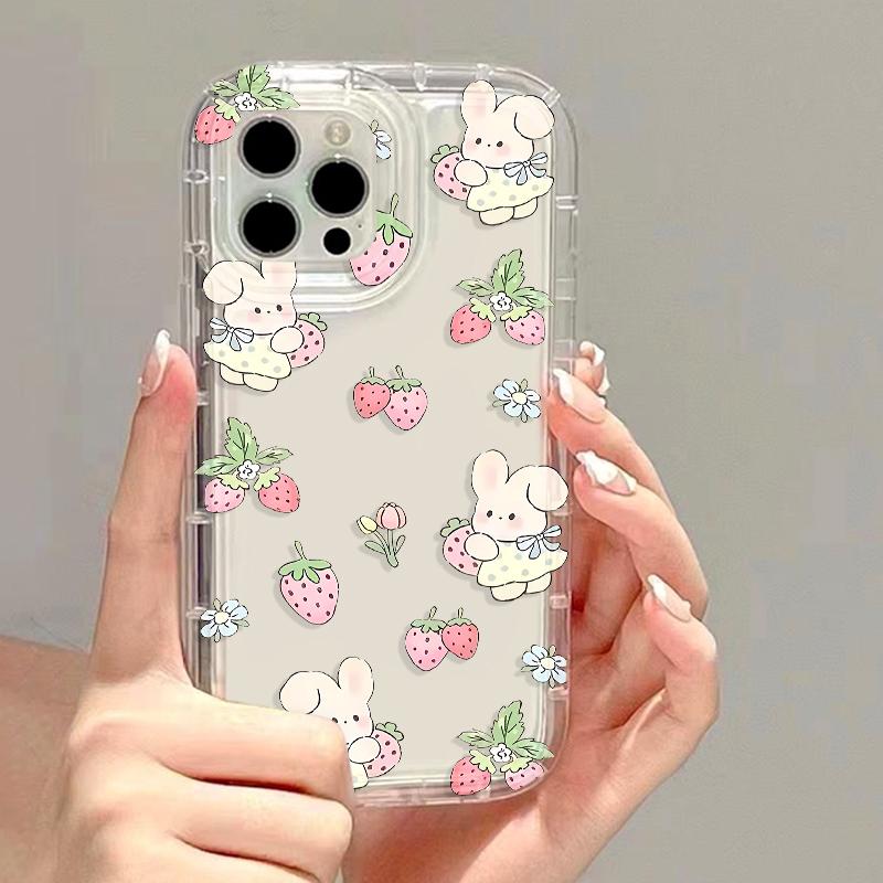 Strawberry Rabbit Phone Case For iPhone 13 Case iPhone 15 11 12 14 16 Pro Max XR XS X 6 7 8 Plus SE Shockproof Clear Cases Coque