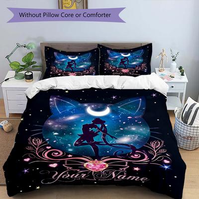 3pcs Custom Name Galaxy Cat Printed Bedding Set Duvet Cover Closure Includes 1 Duvet Cover & 2 Pillowcases, Soft and Comfortable for All Seasons.