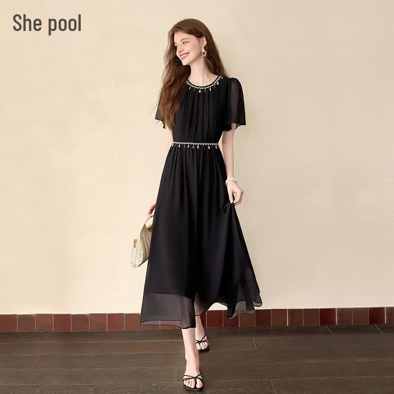 Women s Bohemian Round Neck Short Sleeve Midi Dress L