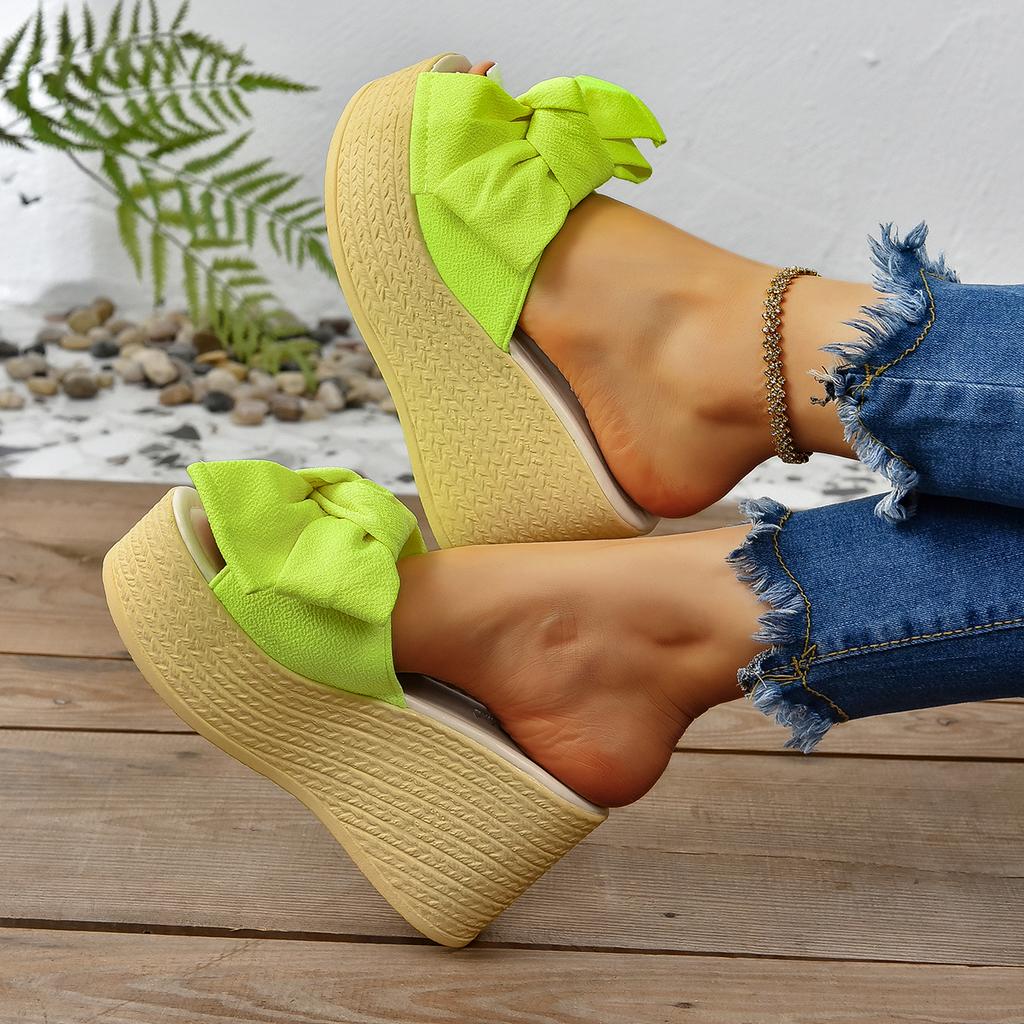 Fashion Aphixta Super High Heels Outside Slippers Women Sweet Butterfly Knot Mulers 4cm Platform Sandals Fluorescent Slides Plus Size 43