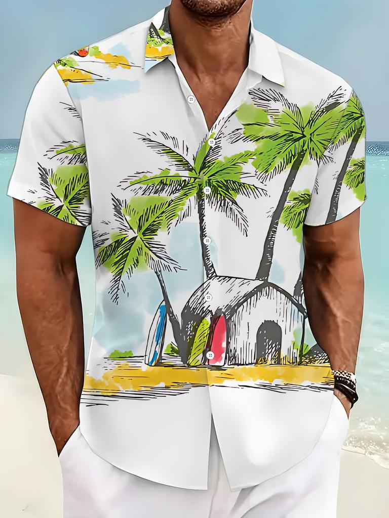 Men'S Oversized Short-Sleeve Shirt Featuring Trendy Digital Prints of Palm Trees And Surfboards, Stylish And Atmospheric, Perfect for Streetwear And
