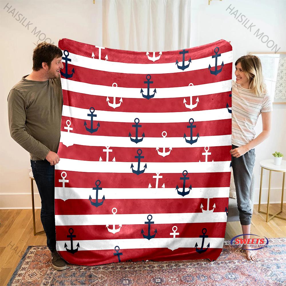 Striped Navy Style Nautical Compass Anchor Printed Blanket Bedroom Living Room Sofa Chair Office Nap Shawl Blanket Holiday Gift