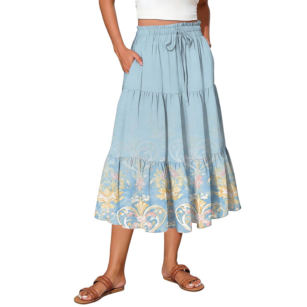 Womens Maxi Skirt Drawstring High Waisted Summer Long Skirts Lightweight Tiered Flowy Floral Pleated Skirts