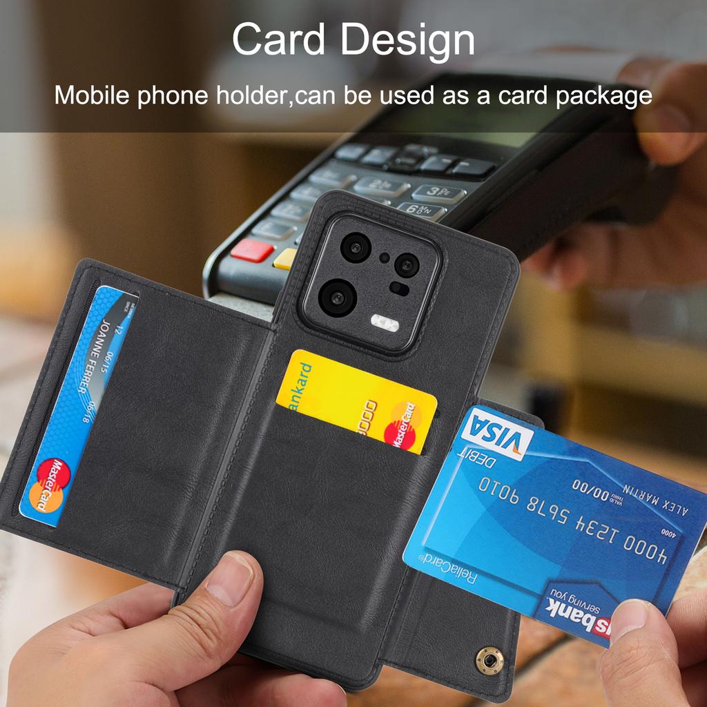 Carcasă pentru telefon Xiaomi 13 5G cu suport pliabil, sloturi pentru carduri cu două butoane, carcasă din piele PU acoperită cu TPU rezistentă la cădere, cu placă metalică încorporată