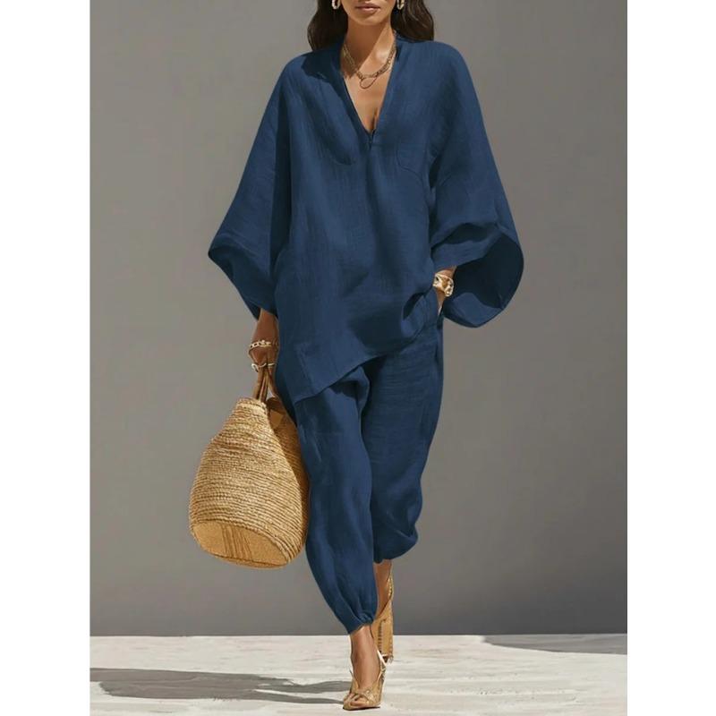 TIFICY Women's Fashion Casual Spring Autumn Solid Color Print Long Sleeve V-Neck Trousers Pants Suits
