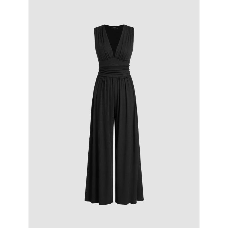 YYFS Damenmode Casual Sommer Frühling Einfarbig Druck Ärmellos V-Ausschnitt Hohe Taille Hosen Overalls & Strampler