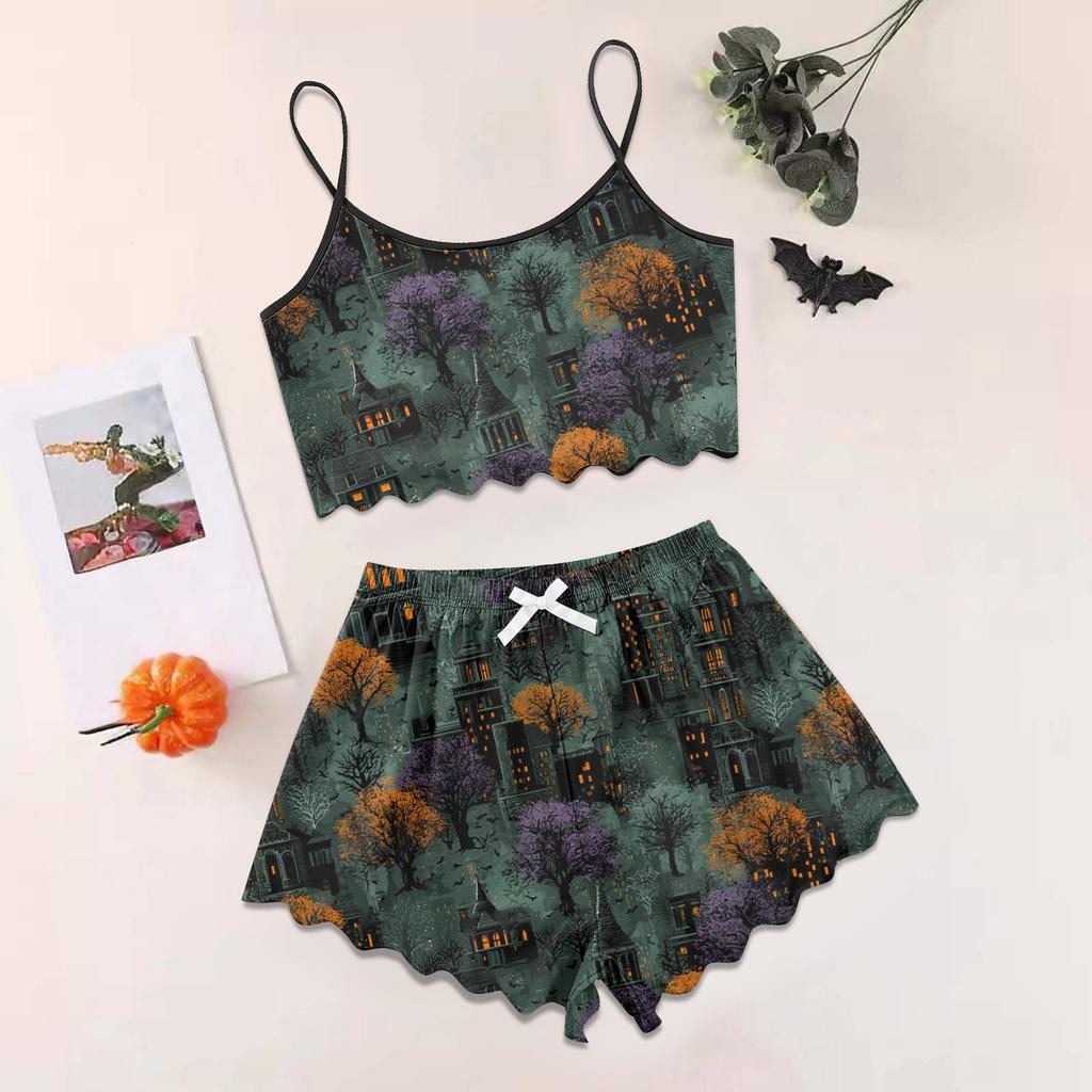 Women's Halloween Set With Retro Floral Print Suspender Sleeveless Vest Shorts Pajama Set