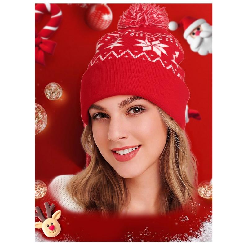 Christmas Knit Hat With Pom Pom Winter Warm Fold Edge Gift