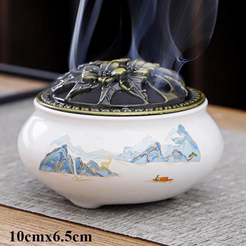 1 pcs Landscape Meditation Lotus Theme Celadon Ceramic Incense Burner Home Furnishings Sandalwood Incense Burner