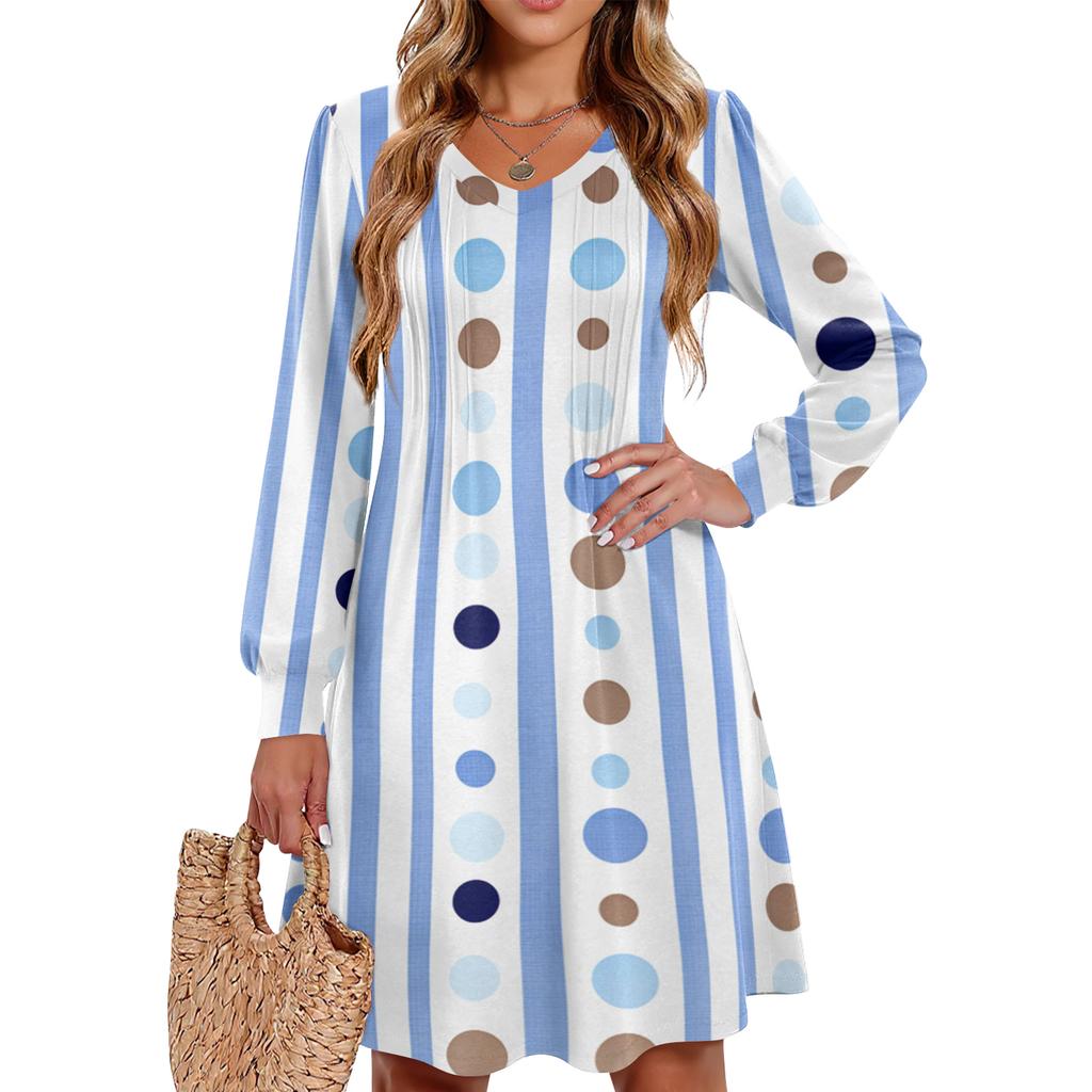 Ladies' Printed Casual And Fashionable V-neck Long Sleeved Mid Length Dress