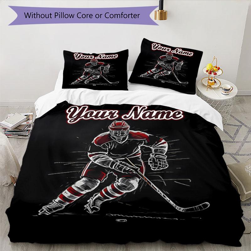 3PC Custom Name Hockey Player Action Bedding Set Duvet Cover Closure Includes 1 Duvet Cover & 2 Pillowcases for Bedroom