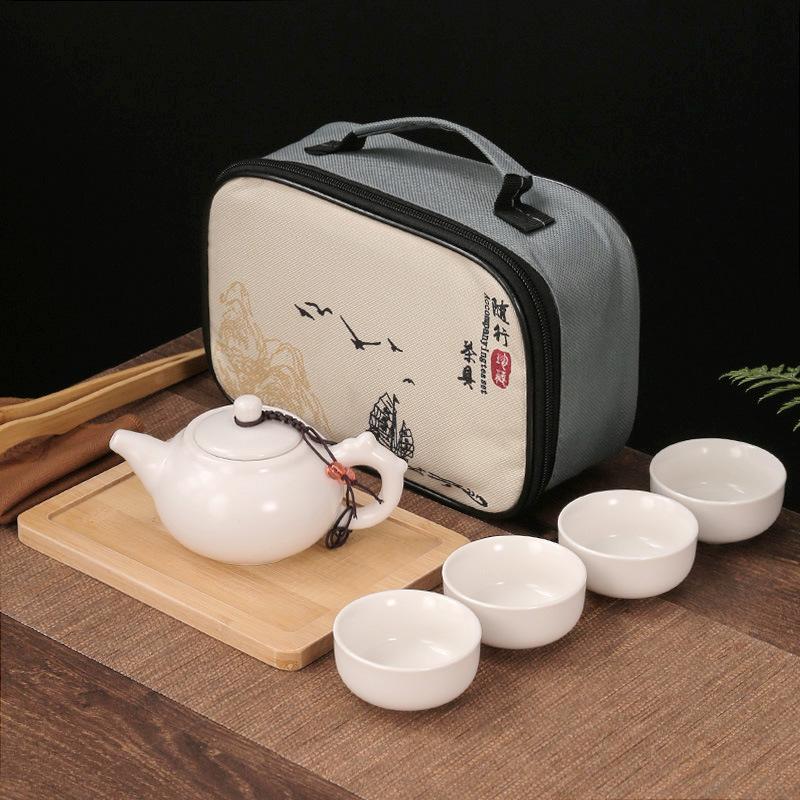 Chinese Tradition Kung Fu Tea Set Portable Ceramic Travel Tea Set Home Office One Teapot Four Teacup Teaware Tea Ceremony Gifts