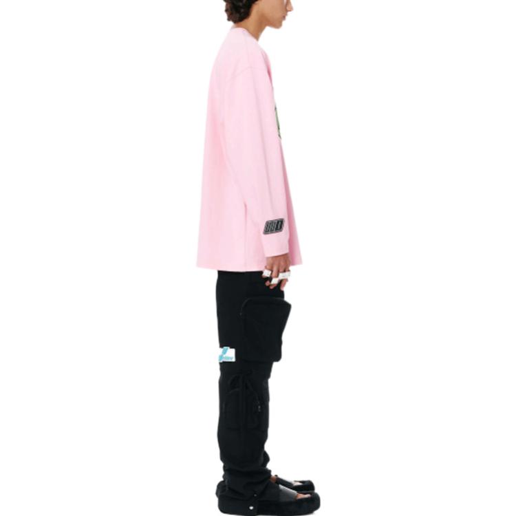 We11done Ss22 Round Logo Pattern Crew Neck Long Sleeve T-Shirt Unisex Tops Pink WD-TT1-22-648-U-PK
