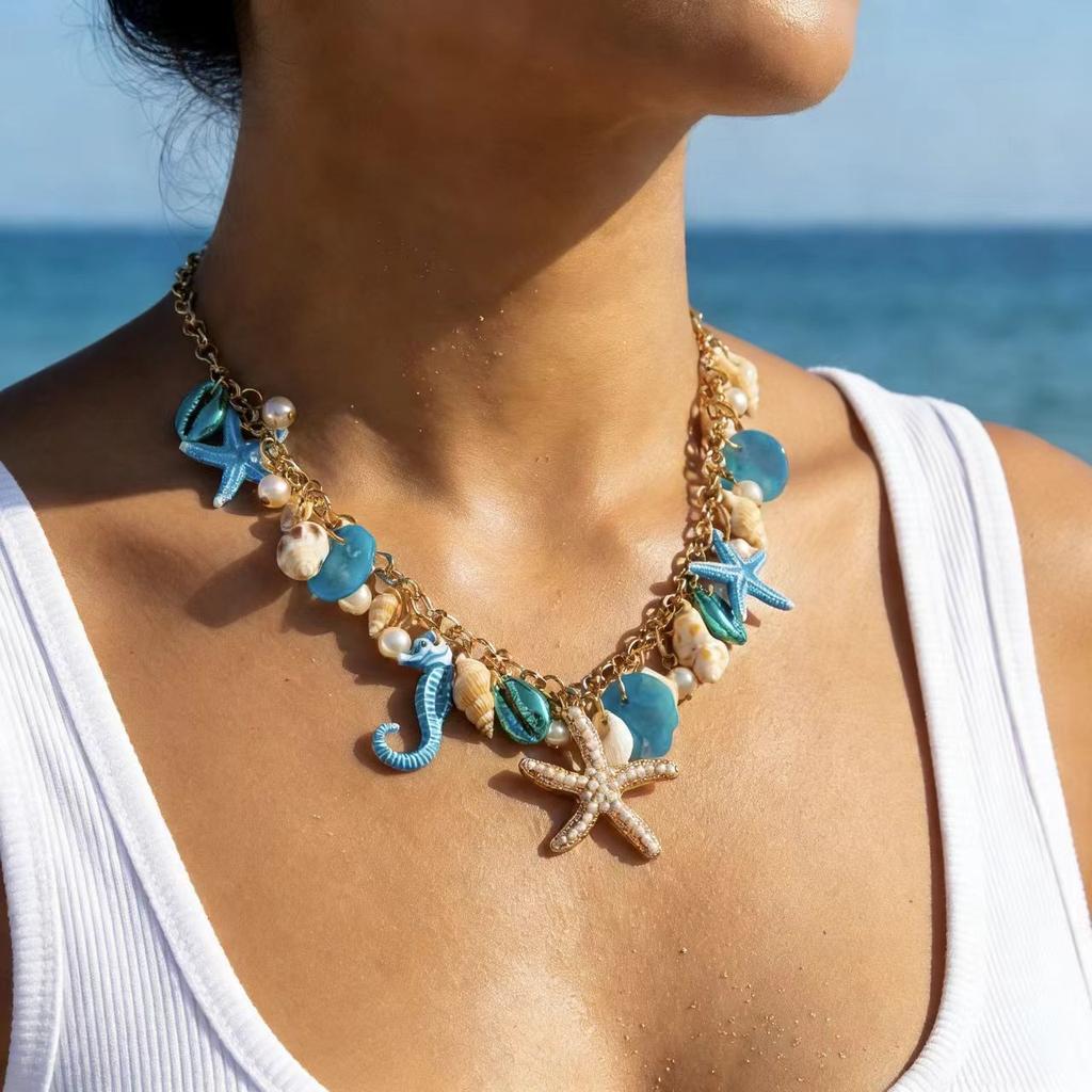 Bohemian Starfish Conch Seahorse Shell Multi-pendant Necklace for Women Summer Beach Vacation Exaggerated Collar Chain Jewelry