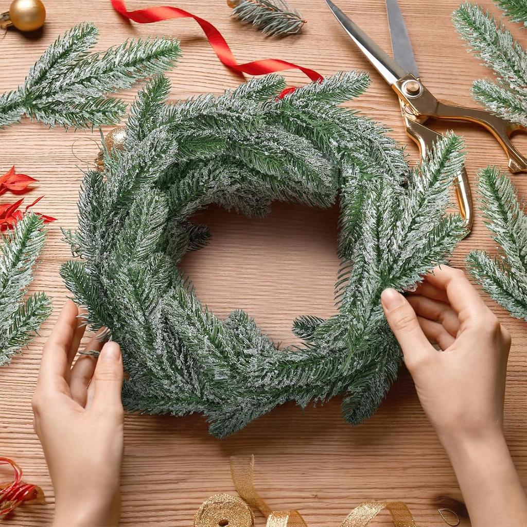 Frosty Snow-covered Pine Branches Christmas Decorations—artificial Pine Needles and Snowflake Sprigs Green. 30PCS
