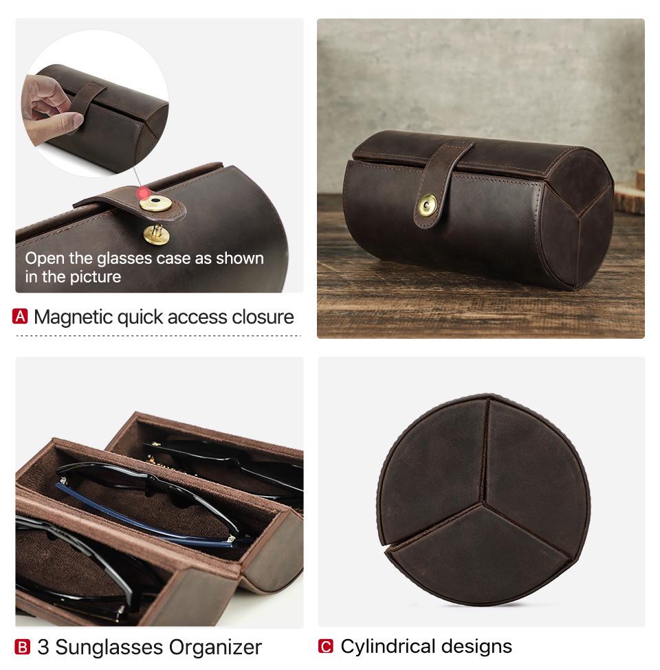 Vintage Crazy Horse Leather Cylindrical Sunglasses Case Set - 3-Piece Handmade Genuine Leather Glasses Holder