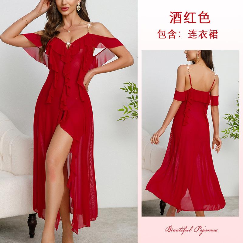 Multi-Style Sexy Lace Mesh Nightgown Deep V High Slit Print Cami Pajamas Women's Loungewear Versatile Seductive Sleepwear Collection with Diverse