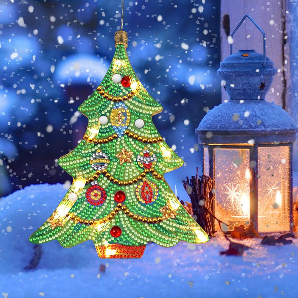 Christmas Lantern Light LED DIY Diamond Mosaic Xmas Tree Hanging Pendant Ornament Festival Atmosphere Lamp Decor