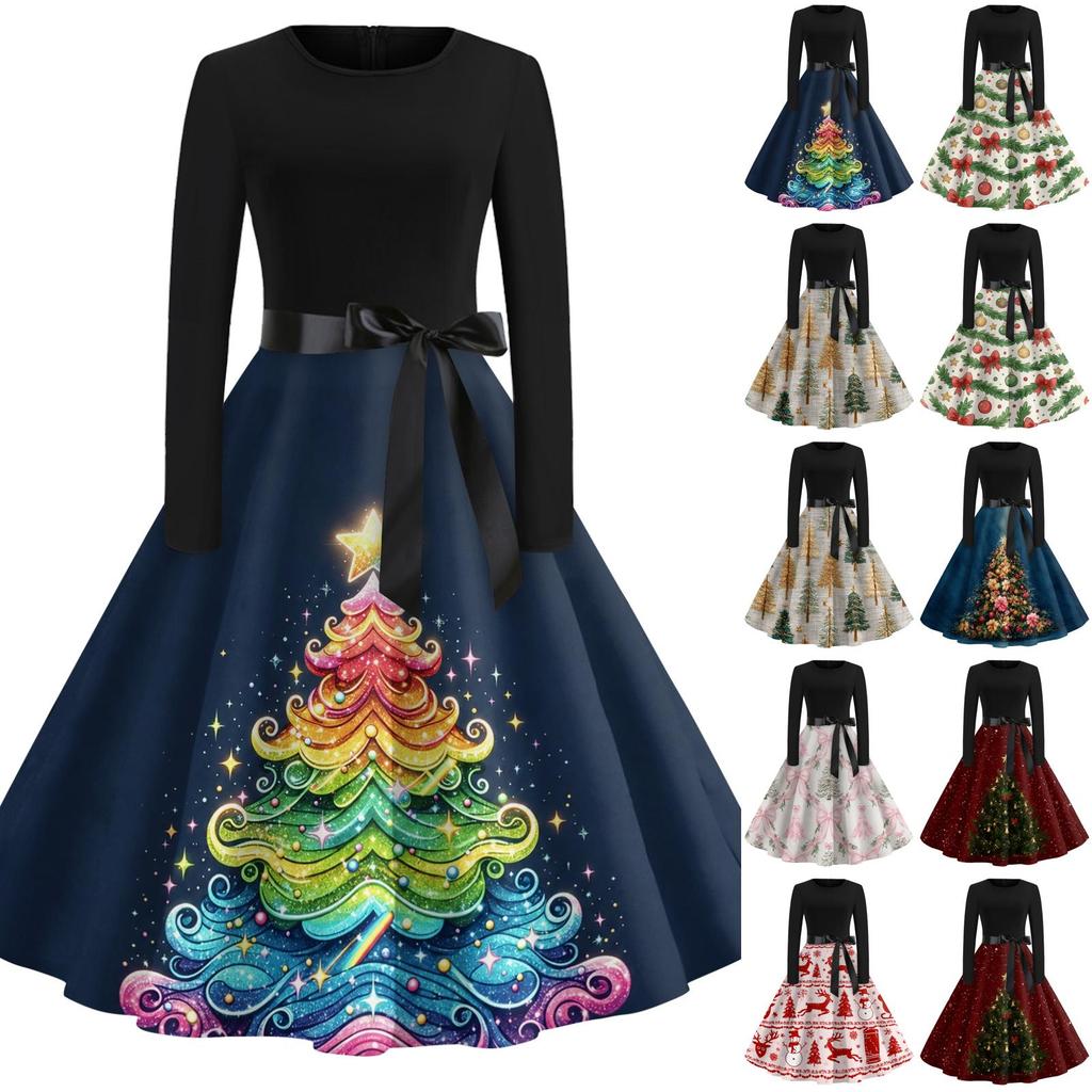 Women's Casual Vintage Christmas Print Neck Dress for Holiday Party