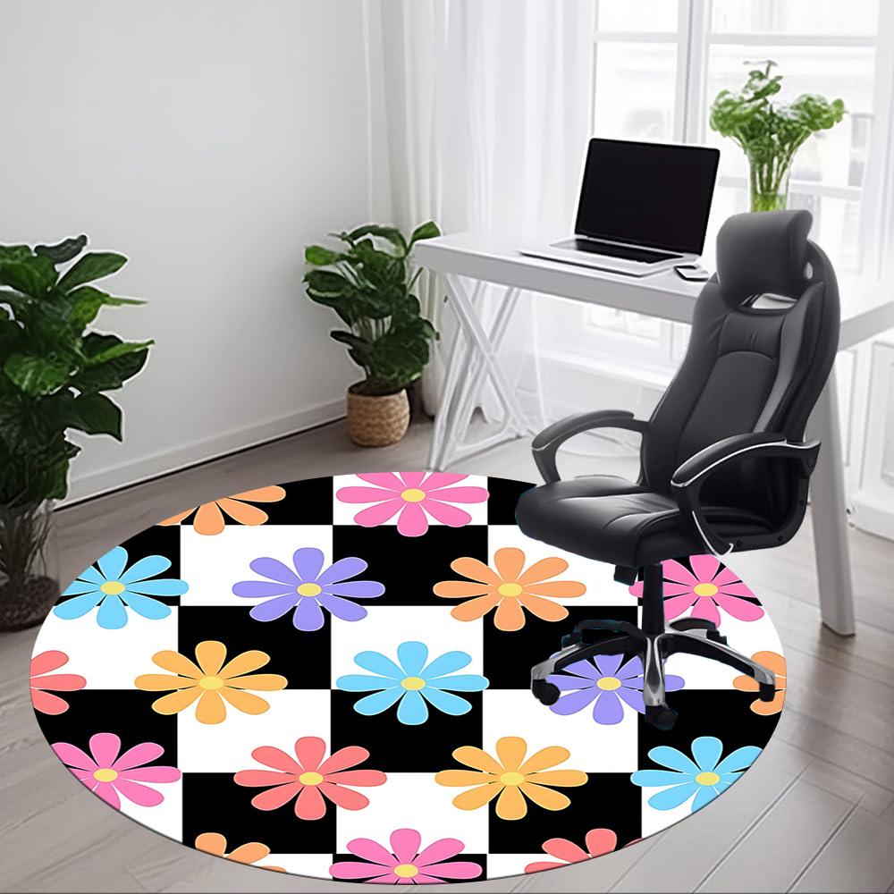 1pc Floral Checkered Office Round Area Rug,  Mat Suitable For Office, Under Office Chairs Bedroom Living Room Home Decor, Room Deco