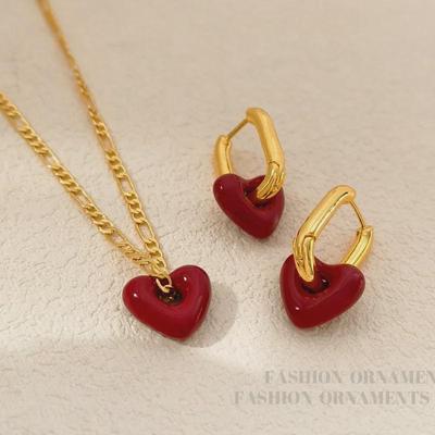 Collana e Orecchini Cuore Rosso Vino di Alta Qualità - Placcati in Rame, Oro Vero, Semplice Catena Clavicolare Stile Hong Kong