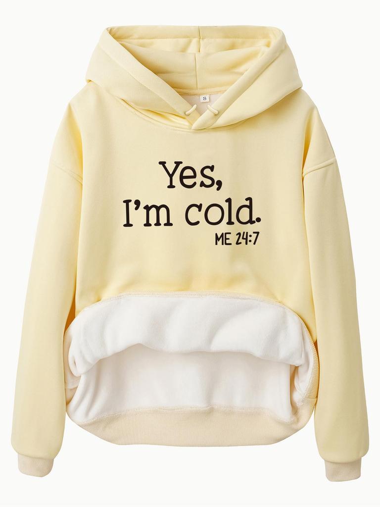 European Size Women's Hooded Kangaroo Pocket Sweatshirt with YES I'M COID Print – Autumn/Winter, Long Sleeve, Plus Velvet