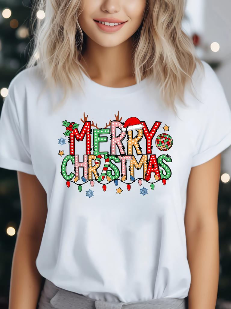Womens Christmas Family Print TShirt Sleeve Crew Neck Casual with Festive Merry Christmas Lettering Holiday Motifs