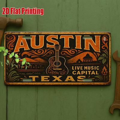 D Flat Pc Austin Music Theme Metal Sign Outdoor Plaque  Wall Decor Xcm Vintage Aluminum Sign Ideal for Music Rooms