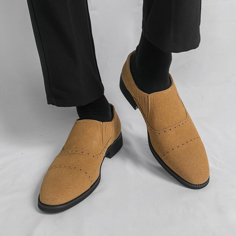 Britain Designer New Men's Pointed Suede Leather Brogues Shoes Male Black Brown Slip on Casual Loafers Formal Dress Footwear