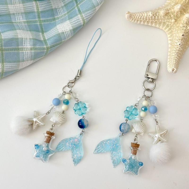 Fantasy Ocean Drift Bottle Keychain Fishtail Starfish Charm Pendant Keyring Jewelry For Girl Women Gift Bag Decoration