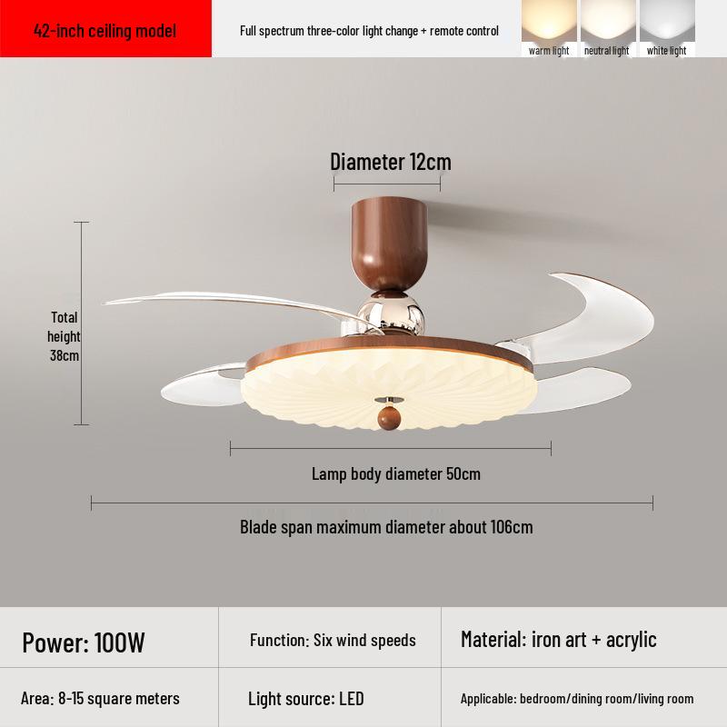 

French Mid-Century Walnut Ceiling Fan with Silent Retro Full Spectrum Lighting and High Airflow for Bedroom and Restaurant. Three-Color Light Change + Remote Control
