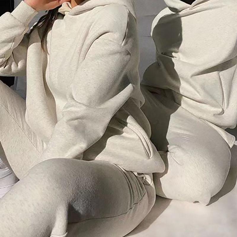 Kışlık Eşofman Takımları İki Parçalı Setler Kadın Eşofman Çift Sonbahar Pantolon Kapüşonlu Sweatshirt Takım Kadın Günlük Düz Renk Kapüşonlu Spor Giyim