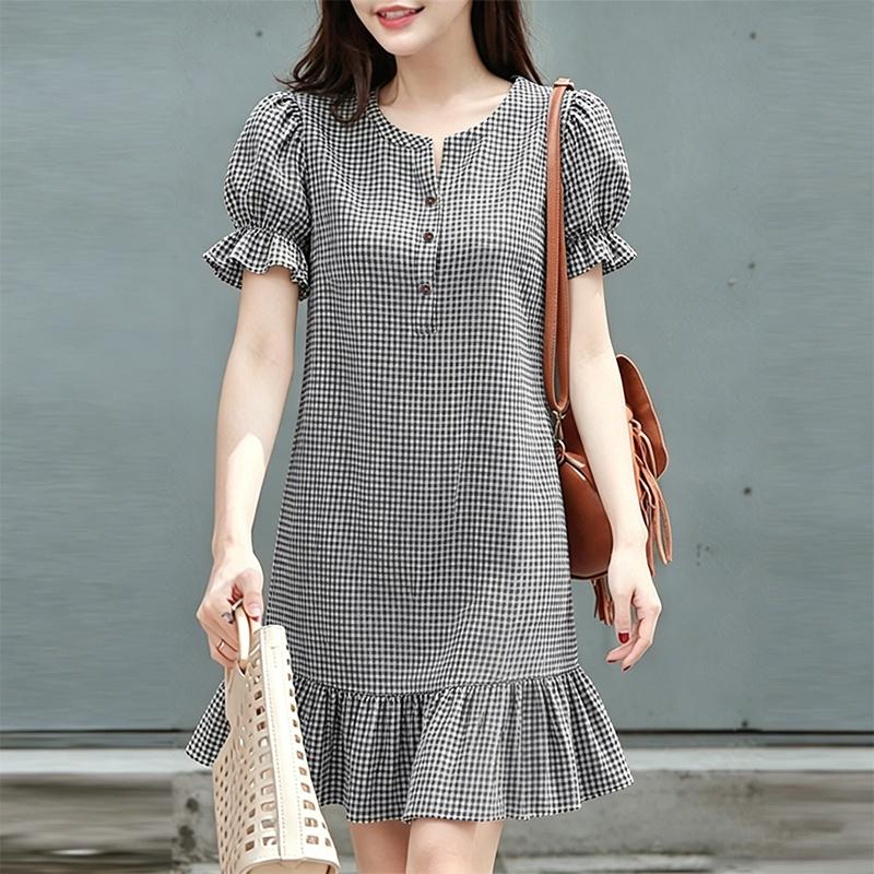 ZANZEA Women Casual Plaid Print Round Neck Loose Short Sleeve Dress S