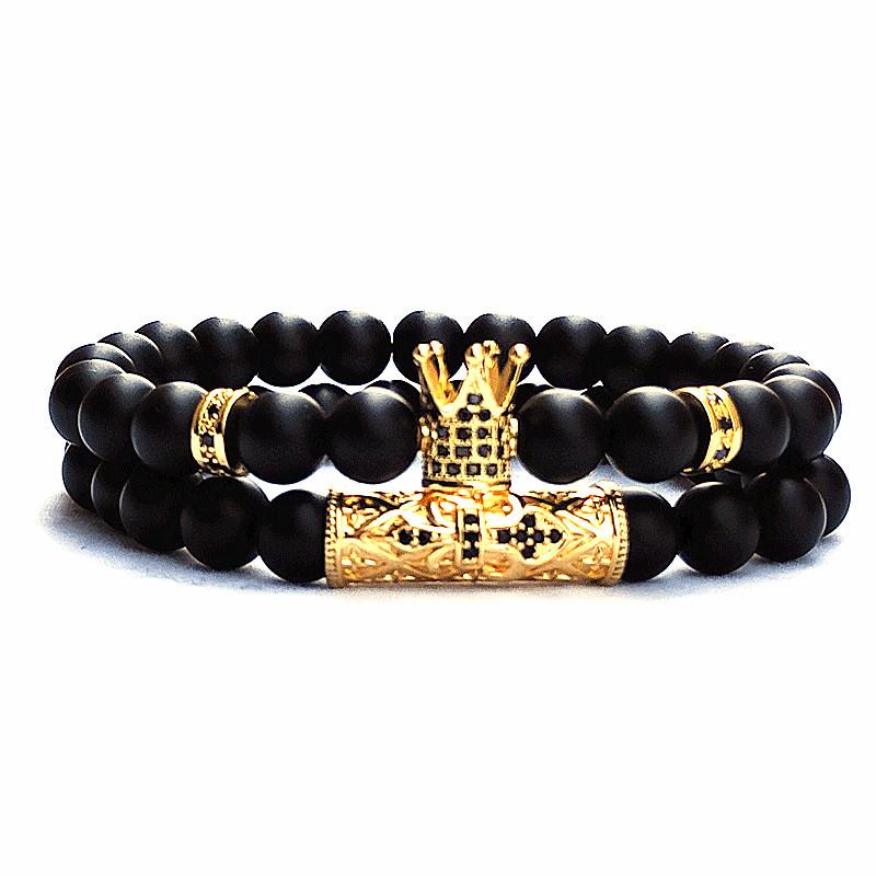 European Micro-Inlaid CZ Crown & Frosted Stone Elastic Bracelet Set for Men & Women 8mm золотой