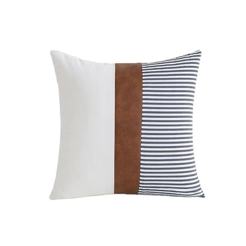 

PU Leather Patch Worked Cushion Cover Cotton Simple Brown White Black Pillow Cover Modern Home Decoration Sofa Bed Hidden Zip