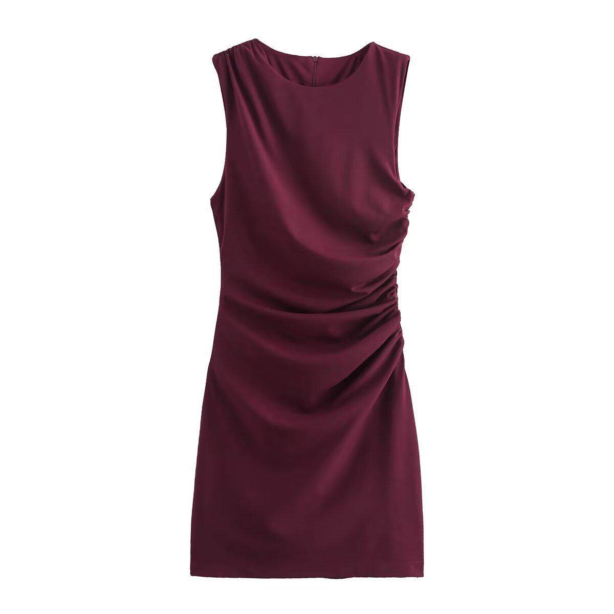 

2024 Autumn/Winter Women s Solid Color Sleeveless Pleated Slim-Fit Dress Small вино красного